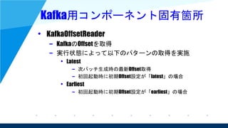 Kafka用コンポーネント固有箇所
• KafkaOffsetReader
– KafkaのOffsetを取得
– 実行状態によって以下のパターンの取得を実施
• Latest
– 次バッチ生成時の最新Offset取得
– 初回起動時に初期Offset設定が「latest」の場合
• Earliest
– 初回起動時に初期Offset設定が「earliest」の場合
 
