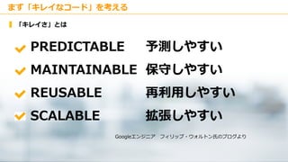 Copyright © Kakaku.com Inc. All Rights Reserved.
まず「キレイなコード」を考える
「キレイさ」とは
PREDICTABLE 予測しやすい
MAINTAINABLE 保守しやすい
REUSABLE 再利用しやすい
SCALABLE 拡張しやすい
Googleエンジニア フィリップ・ウォルトン氏のブログより
 