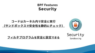 BPF Features
Security
11
コードはカーネル内で安全に実行
（サンドボックスで安全性を静的にチェック）
フィルタプログラムを安全に設定できる
Security
Sandboxing
 