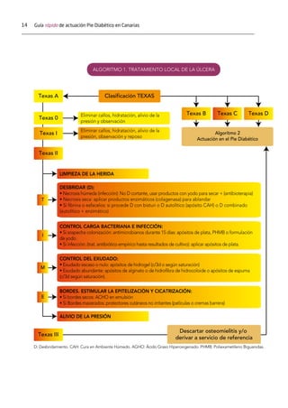 14 Guía rápida de actuación Pie Diabético en Canarias
Texas A
Texas 0
Texas I
Texas II
Texas III
Texas B Texas C Texas D
Clasificación TEXAS
Descartar osteomielitis y/o
derivar a servicio de referencia
ALGORITMO 1. TRATAMIENTO LOCAL DE LA ÚLCERA
Eliminar callos, hidratación, alivio de la
presión y observación
LIMPIEZA DE LA HERIDA
ALIVIO DE LA PRESIÓN
DESBRIDAR (D):
• Necrosis húmeda (infección): No D cortante, usar productos con yodo para secar + (antibioterapia)
• Necrosis seca: aplicar productos enzimáticos (colagenasa) para ablandar
• Si ﬁbrina o esfacelos: si procede D con bisturi o D autolítico (apósito CAH) o D combinado
(autolítico + enzimático)
CONTROL CARGA BACTERIANA E INFECCIÓN:
• Si sospecha colonización: antimicrobianos durante 15 días: apósitos de plata, PHMB o formulación
de yodo.
• Si infección: (trat. antibiótico empírico hasta resultados de cultivo): aplicar apósitos de plata.
CONTROL DEL EXUDADO:
• Exudado escaso o nulo: apósitos de hidrogel (c/3d o según saturación)
• Exudado abundante: apósitos de alginato o de hidroﬁbra de hidrocoloide o apósitos de espuma
(c/3d según saturación).
BORDES. ESTIMULAR LA EPITELIZACIÓN Y CICATRIZACIÓN:
• Si bordes secos: ACHO en emulsión
• Si Bordes macerados: protectores cutáneos no irritantes (películas o cremas barrera)
Eliminar callos, hidratación, alivio de la
presión, observación y reposo
Algoritmo 2
Actuación en el Pie Diabético
T
I
M
E
D: Desbridamiento. CAH: Cura en Ambiente Húmedo. AGHO: Ácido Graso Hiperoxigenado. PHMB: Poliexametileno Biguanidas.
 