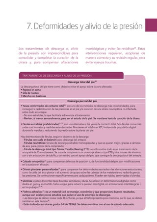 7. Deformidades y alivio de la presión
Los tratamientos de descarga o, alivio
de la presión, son imprescindibles para
consolidar y completar la curación de la
úlcera y, para compensar alteraciones
morfológicas y evitar las recidivas28
. Estas
intervenciones requieren, acoplarse de
manera correcta y su revisión regular, para
evitar nuevos traumas.
TRATAMIENTOS DE DESCARGA Y ALIVIO DE LA PRESIÓN
Descarga total del pie29
La descarga total del pie tiene como objetivo evitar el apoyo sobre la zona afectada:
• Reposo en cama
• Silla de ruedas
• Marcha con bastones
Descarga parcial del pie
• Yesos conformados de contacto total30
: son uno de los métodos de descarga más recomendados, para
conseguir la redistribución de las presiones en el pie y la curación de una úlcera neuropática no infectada,
sobre todo en antepie.
- No son extraibles, lo que facilita la adherencia al tratamiento.
- Revisar, al menos semanalmente, para ver el estado de la piel. Se mantiene hasta la curación de la úlcera.
• Férulas extraibles (prefabricadas)31,32
: son una alternativa a los yesos de contacto total. Son férulas comerciali-
zadas con formatos y medidas estandarizadas. Mantienen el tobillo en 90º, limitando la propulsión digital
durante la marcha y, reduciendo la presión sobre la planta del pie.
Hay distintos tipos de férulas, según el objetivo de la descarga:
- Férulas con suela en balancín: para descarga del antepie.
- Férulas neumáticas: férulas de descarga extraíble menos pesadas y que se ajustan mejor, gracias a cámaras
de aire, para control de la compresión.
- Férula de descarga total tipo Patelar Tendón Bearing (PTB): se utiliza sobre todo en el tratamiento de la
artropatía de Charcot severa. Se trata de un aparato con un encaje abierto tipo PTB y dos tutores de aluminio,
con o sin articulación de tobillo, y un estribo para el apoyo del pie, que consigue la descarga total del antepie.
• Calzado ortopédico33
: para compensar defectos de posición o, de funcionalidad del pie, con modiﬁcaciones
en la suela o en el tacón.
• Ortesis plantares personalizadas34
: para compensar los deformidades asociadas a las alteraciones estructurales,
como la caída del arco plantar o el aumento de apoyo sobre las cabezas de los metatarsianos, redistribuyendo
las presiones. Se confeccionan especíﬁcamente para cada paciente. Pueden ser rígidas, semirrígidas o blandas.
• Siliconas: existen diferentes tipos: blandas, semiduras y duras. Se utilizan en deformaciones digitales como
dedos en garra y en martillo, hallux valgus, para reducir la presión interdigital, en articulaciones interfalángicas o
en los pulpejos35,36
.
• Fieltros adhesivos37
: es un material fácil de manejar, económico y que proporciona buenos resultados,
aunque aún existen pocos estudios que avalen el uso de este tipo de descargas.
- Las descargas se deben revisar cada 48-72 horas, ya que el ﬁeltro presenta poca memoria, por lo que, se deben
cambiar en este tiempo38
.
- Están indicados en ulceras grados 0-II de TEXAS. Se deben combinar con el uso de calzado adecuado.
 