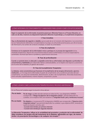 21Educación terapéutica
Según la aceptación de la enfermedad, el paciente pasará por diferentes Fases en un Proceso Educativo, en
cada una de ellas, mostrará una disposición/implicación diferente al aprendizaje y, al cumplimiento terapéutico:
Hay un afrontamiento de negación o rebeldía, que se suele dar en el momento del diagnóstico. Los conocimien-
tos son habitualmente deﬁcientes, la receptividad es muy baja y la actitud del paciente pasiva, por ello el exceso,
de información y los cambio de conducta complejas, no están rec,omendados.
Comienza con la aceptación de la enfermedad e inicia o participa en un proceso de negociación de las
mediadas terapéuticas, dispone de conocimientos básicos sobre la enfermedad, el nivel de receptividad ha
aumentado, reconoce que tiene un problema y quiere buscar soluciones.
Cuando un paciente tiene un adecuado o aceptable control de su enfermedad, está dispuesto a profundizar en
conocimientos y habilidades para desarrollar hábitos cardiosaludables, con el objetivo de mejorar su autonomía
en el control de la diabetes y la gestión de la salud.
I. Fase inmediata
II. Fase de ampliación
III. Fase de profundización
La diabetes, reúne características que favorecen el incumplimiento de las terapias (alimentación, ejercicio,
medicación,...). A lo largo de la enfermedad, el grado de cumplimiento varía, se alternan periodos de buen
cumplimiento, con otros de incertidumbre, desmotivación, es decir, de incumplimiento. Ante estas situaciones,
evitar actitudes culpabilizadores, mostrar empatía, comprensión y ayuda.
IV. Fase de Incumplimiento Terapéutico
¿CÓMO INTEGRAR LOS CONOCIMIENTOS Y HABILIDADES PARA LLEVAR A CABO LOS AUTOCUIDADOS?
En los Planes de Cuidados según la situación clínica del pie:
Pie de riesgo, se debe abordar siempre en todos los Pcs, cuyo diagnóstico NANDA
corresponde a ”Riesgo de deterioro de la integridad cutánea”, permite desarrollar los
cuidados, con el objetivo NOC de mantener la “Integridad tisular: piel y membranas mucosas”
La Educación Terapéutica, inﬂuye en la variabilidad del pronóstico y evolución de la enfermedad. Se
debe considerar una terapia más del tratamiento de la diabetes, aplicándola con rigor, de manera
similar a la prescripción farmacológica o de cualquier otra terapia.40
Pie sin lesión
Pie diabético, e incorporará al PC el diagnóstico NANDA que corresponde a “Deterioro de la
integridad cutánea” que permitirá desarrollar los cuidados, cuyos objetivos NOC, teniendo en
cuenta la situación concreta, será:
- Curación de la herida: por primera intención
- Curación de la herida por segunda intención
Pie con lesión
¿CÓMO LLEVAR A CABO LA EDUCACIÓN TERAPÉUTICA EN EL PROCESO ASISTENCIAL?
 