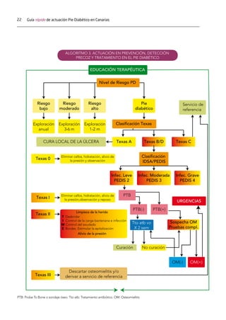 22 Guía rápida de actuación Pie Diabético en Canarias
ALGORITMO 3. ACTUACIÓN EN PREVENCIÓN, DETECCIÓN
PRECOZ Y TRATAMIENTO EN EL PIE DIABÉTICO
Riesgo
bajo
Riesgo
moderado
Riesgo
alto
Pie
diabético
Exploración
anual
Exploración
3-6 m
Exploración
1-2 m
Nivel de Riesgo PD
Clasificación Texas
Clasificación
IDSA/PEDIS
Texas ACURA LOCAL DE LA ÚLCERA Texas B/D Texas C
Infec. Leve
PEDIS 2
PTB
PTB(-)
Tto atb vo
X 2 sem
Sospecha OM
Pruebas compl.
Curación No curación
PTB(+)
OM(-) OM(+)
Infec. Moderada
PEDIS 3
URGENCIAS
Infec. Grave
PEDIS 4
EDUCACIÓN TERAPÉUTICA
Texas 0
Eliminar callos, hidratación, alivio de
la presión y observación
Eliminar callos, hidratación, alivio de
la presión,observación y reposo
Texas I
Texas II
Texas III
Descartar osteomielitis y/o
derivar a servicio de referencia
Servicio de
referencia
PTB: Probe To Bone o sondaje óseo. Tto atb: Tratamiento antibótico. OM: Osteomielitis
 
