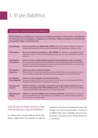 1. El pie diabético
Pie de Riesgo
DEFINICIÓN Y CONCEPTOS EN EL PIE DIABÉTICO
El Pie Diabético se deﬁne por la aparición de lesiones tisulares o ulceraciones, resultado de
la interacción de la neuropatía, la isquemia y la infección; debido a pequeños traumatismos
que pueden llegar a amputaciones1
.
Pie de una persona con diabetes SIN LESIÓN. El nivel de riesgo se determina según la
probabilidad de aparición de una lesión, se estratiﬁca en riesgo bajo, moderado o alto.
Pie Diabético Pie de una persona con diabetes y CON LESIÓN. Se clasiﬁca en neuropáticas puras,
isquémicas puras o mixtas (neuroisquémicas), que son las más frecuentes en nuestro
entorno2
.
Pie Diabético
Neuropático
Lesión en un pie con pulsos distales presentes, buena temperatura, color y movilidad.
Se caracteriza por alteración de la sensibilidad con parestesias, hipoestesias o hiperestesias.
Localización plantar de las lesiones con hiperqueratosis y deformidad de la estructura del
pie (pie en garra, pérdida de bóveda plantar, ...).
Pie Diabético
Isquémico
Lesión en un pie con ausencia de pulsos.
Dependiendo del grado de isquemia presentará alteraciones de la temperatura, colora-
ción, movilidad y sensibilidad. Las lesiones suelen ser digitales, con áreas de necrosis.
Pie Diabético
Neuroisquémico
Lesión en un pie neuropático con ausencia de pulsos.
La causa principal de la lesión es la neuropatía a la que se suma una arteriopatía periférica.
Presentan manifestaciones neuropáticas e isquémicas.
Artropatía de
Charcot
Síndrome asociado a neuropatía, caracterizado por fragmentación, destrucción ósea y
articular, que puede producir deformidades severas. Puede ser de causa neurotraumática
o neurovascular (Shunts arteriovenosos con pulsos presentes)3
.
Mal Perforante
Plantar
Lesión en un paciente diabético con neuropatía establecida. Se localiza en un punto de
apoyo en la planta del pie). Generalmente, se produce por un microtraumatismo repetitivo
en un pie, que no siente el dolor.
¿Qué factores de riesgo favorecen la apa-
rición de úlceras en el pie del diabético?
La valoración integral del paciente dia-
bético debe tener en cuenta, no solo la
presencia de los principales factores de
riesgo, sino otros que pueden incidir en
el déficit de auto-cuidados para la pre-
vención o el tratamiento de las lesiones
y recidivas.
 