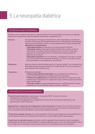 3. La neuropatía diabética
NEUROPATÍA DIABÉTICA PERIFÉRICA
Se deﬁne como la presencia de síntomas o signos de disfunción nerviosa periférica en personas con diabetes,
después de excluidas otras causas (hereditarias, inﬂamatorias, metabólicas, etc.)9
.
Síntomas Se caracterizan por hormigueo, entumecimiento, ardor insoportable que puede estar
asociado a alteraciones de la sensibilidad dolorosa como, hiperestesias o parestesias en
manos y pies, de predominio nocturno, aunque pueden darse a lo largo de todo el día.
Manifestaciones ﬁsiopatológicas:
• Neuropatía sensitiva, se caracteriza por la baja percepción del dolor.
• Neuropatía motora, origina deformidades en ﬂexión de los dedos, atroﬁa de
ciertos grupos musculares, además de alteraciones en la marcha. Todas ellas,
ocasionan un aumento de la presión en la planta de los pies y precipitan el
desarrollo de una lesión10
.
• Neuropatía autonómica, provoca anhidrosis y vasodilatación. Dan lugar a una piel
seca muy vulnerable para la aparición de grietas y, por tanto, al inicio de una lesión
que puede afectar a uñas, ligamentos y articulaciones.
Tratamiento El tratamiento pretende:
• Frenar el desarrollo de la enfermedad, una vez establecida normalmente no
revierte. El control glucémico es la base para frenar su desarrollo.
• Prevenir las complicaciones, principalmente la aparición de la úlcera, por lo que
se debe educar al paciente en el cuidado de los pies y realizar la exploración del pie
según nivel de riesgo.
• Controlar el dolor, los grupos terapéuticos que han mostrado beneﬁcio incluyen
antidepresivos, anticonvulsivantes, algunos opiodes y capsaicina.
Distribución Suele ser simétrica, denominándose patrón en “guante y calcetín”, por la sensación de
llevar estas prendas que tiene el paciente a lo largo de todo el día y provocando una
gran afectación de la calidad de vida.
Primera línea de tratamiento, diversas guías, incluyendo la NICE11,
proponen el uso de:
• antidepresivos (amitriptilina y duloxetina)
• anticonvulsivantes (gabapentina y pregabalina) en función de las características del paciente y del
coste de cada uno de los fármacos.
TRATAMIENTO DEL DOLOR NEUROPÁTICO
Segunda línea: combinación de antidepresivo y anticonvulsivante. Si el dolor no se controla con fármacos
de primera línea, se debe ofertar la combinación de otro medicamento de primera elección, preferiblemente,
con un mecanismo de acción diferente al que se haya utilizado previamente.
Tercera línea: opioides menores, en un dolor persistente, el tercer escalón terapéutico vendría deﬁnido por el
uso de éste tipo de fármacos. El tramadol es el fármaco con mayor evidencia dentro de este grupo.
Cuarta línea: los opioides mayores (oxicodona, morﬁna, tapentadol) tienen estudios en dolor neuropático
donde presentan eﬁcacia en el alivio del dolor. Los efectos adversos y que su uso en el manejo del dolor crónico
no oncológico sea controvertido, hace que varios autores no los recomienden para uso prolongado12
.
 