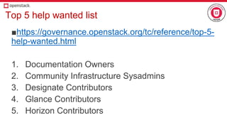 Top 5 help wanted list
■https://governance.openstack.org/tc/reference/top-5-
help-wanted.html
1. Documentation Owners
2. Community Infrastructure Sysadmins
3. Designate Contributors
4. Glance Contributors
5. Horizon Contributors
 