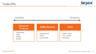 10KSQL- Streaming SQL for Apache Kafka
Trade-Offs
• subscribe()
• poll()
• send()
• flush()
• mapValues()
• filter()
• punctuate()
• Select…from…
• Join…where…
• Group by..
Flexibility Simplicity
Kafka Streams KSQL
Consumer
Producer
 
