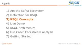 16KSQL- Streaming SQL for Apache Kafka
Agenda
1) Apache Kafka Ecosystem
2) Motivation for KSQL
3) KSQL Concepts
4) Live Demo
5) KSQL Architecture
6) Use Case: Clickstream Analysis
7) Getting Started
 