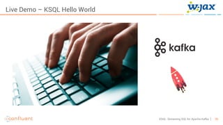 26KSQL- Streaming SQL for Apache Kafka
Live Demo – KSQL Hello World
 