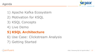 27KSQL- Streaming SQL for Apache Kafka
Agenda
1) Apache Kafka Ecosystem
2) Motivation for KSQL
3) KSQL Concepts
4) Live Demo
5) KSQL Architecture
6) Use Case: Clickstream Analysis
7) Getting Started
 