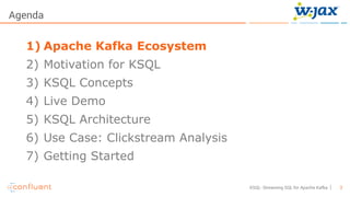 3KSQL- Streaming SQL for Apache Kafka
Agenda
1) Apache Kafka Ecosystem
2) Motivation for KSQL
3) KSQL Concepts
4) Live Demo
5) KSQL Architecture
6) Use Case: Clickstream Analysis
7) Getting Started
 