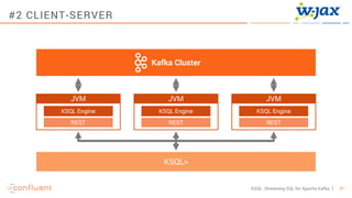 31KSQL- Streaming SQL for Apache Kafka
#2 CLIENT-SERVER
Kafka Cluster
JVM
KSQL Engine
REST
KSQL>
JVM
KSQL Engine
REST
JVM
KSQL Engine
REST
 