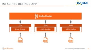 33KSQL- Streaming SQL for Apache Kafka
#3 AS PRE-DEFINED APP
Kafka Cluster
JVM
KSQL Engine
JVM
KSQL Engine
JVM
KSQL Engine
 
