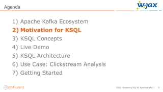 8KSQL- Streaming SQL for Apache Kafka
Agenda
1) Apache Kafka Ecosystem
2) Motivation for KSQL
3) KSQL Concepts
4) Live Demo
5) KSQL Architecture
6) Use Case: Clickstream Analysis
7) Getting Started
 