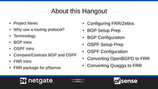 About this Hangout
● Project News
● Why use a routing protocol?
● Terminology
● BGP Intro
● OSPF Intro
● Compare/Contrast BGP and OSPF
● FRR Intro
● FRR package for pfSense
● Configuring FRR/Zebra
● BGP Setup Prep
● BGP Configuration
● OSPF Setup Prep
● OSPF Configuration
● Converting OpenBGPD to FRR
● Converting Quagga to FRR
 