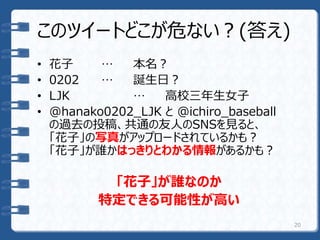 このツイートどこが危ない？(答え)
• 花子 … 本名？
• 0202 … 誕生日？
• LJK … 高校三年生女子
• @hanako0202_LJK と @ichiro_baseball
の過去の投稿、共通の友人のSNSを見ると、
「花子」の写真がアップロードされているかも？
「花子」が誰かはっきりとわかる情報があるかも？
「花子」が誰なのか
特定できる可能性が高い
20
 