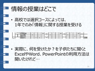 情報の授業はどこで
• 高校では選択コースによっては、
1年でのみ「情報」に関する授業を受ける
• 実際に、何を受けたか？を子供たちに聞くと
ExcelやWord、PowerPointの利用方法は
聞いたけれど…
25
 