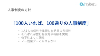 人事制度の方針
「100人いれば、100通りの人事制度」
• 1人1人の個性を重視した結果の多様性
• それぞれが望む働き方や報酬を実現
• 公平性よりも個性
• ノー残業デーとかやらない
 