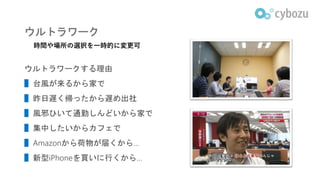 ウルトラワーク
ウルトラワークする理由
▌台風が来るから家で
▌昨日遅く帰ったから遅め出社
▌風邪ひいて通勤しんどいから家で
▌集中したいからカフェで
▌Amazonから荷物が届くから…
▌新型iPhoneを買いに行くから…
時間や場所の選択を一時的に変更可
 
