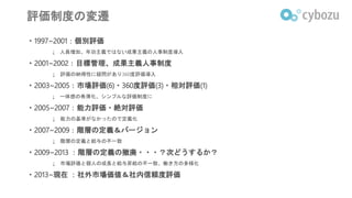 評価制度の変遷
・1997~2001：個別評価
↓ 人員増加。年功主義ではない成果主義の人事制度導入
・2001~2002：目標管理、成果主義人事制度
↓ 評価の納得性に疑問があり360度評価導入
・2003~2005：市場評価(6)・360度評価(3)・相対評価(1)
↓ 一体感の希薄化、シンプルな評価制度に
・2005~2007：能力評価・絶対評価
↓ 能力の基準がなかったので定義化
・2007~2009：階層の定義＆バージョン
↓ 階層の定義と給与の不一致
・2009~2013 ：階層の定義の撤廃・・・？次どうするか？
↓ 市場評価と個人の成長と給与昇給の不一致、働き方の多様化
・2013~現在 ：社外市場価値＆社内信頼度評価
 