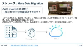 IBM Cloud
ストレージ：Mass Data Migration
AWS snowball に対抗！
一度に120TBを物理輸送できます！
１デバイスあたり、120TB（RAID6）、AES256暗号化、および物理的にもタンパーレジスト機
構、防水、耐衝撃機構を実装しています。
ご利用が完了した物理デバイスは、DoD準拠ツールを利用してデータを完全に抹消します。
IBM Mass Data Migration ってなに - Qiita
 