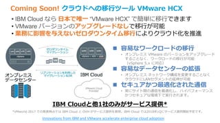Coming Soon! クラウドへの移行ツール VMware HCX
• IBM Cloud なら 日本で唯一 “VMware HCX” で簡単に移行できます
• VMware バージョンのアップグレードなしで移行が可能
• 業務に影響を与えないゼロダウンタイム移行によりクラウド化を推進
*VMworld 2017 での発表時点では IBM Cloud と OVH がサービス提供を表明。IBM Cloud では2018年1Qにサービス提供開始予定です。
 容易なワークロードの移行
• オンプレミス VMware のバージョンをアップグレード
することなく、ワークロードの移行が可能
（vSphere 5.x に対応）
 容易なデータセンターの拡張
• オンプレミス ネットワーク構成を変更することなく
クラウドにLANセグメントの延伸が可能
 セキュアかつ最適化された通信
• 常にサイト間の通信を最適化し、ハイパフォーマンス
かつセキュアな環境下で実行されます。
IBM Cloudと他1社のみがサービス提供*
Innovations from IBM and VMware accelerate enterprise cloud adoption
 