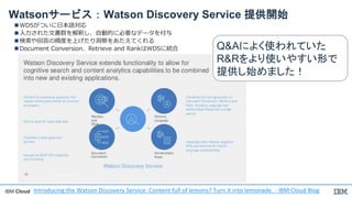 IBM Cloud
Watsonサービス：Watson Discovery Service 提供開始
 WDSがついに日本語対応
 入力された文書群を解釈し、自動的に必要なデータを付与
 検索や回答の精度を上げたり洞察をあたえてくれる
 Document Conversion、Retrieve and RankはWDSに統合 Q&Aによく使われていた
R&Rをより使いやすい形で
提供し始めました！
Introducing the Watson Discovery Service: Content full of lemons? Turn it into lemonade. - IBM Cloud Blog
 