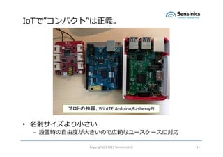 IoTǡѥȡx
? ̥?
C OÕr?ɶȤ?Τǎڹʥ``ˌ
Copyright(C)	2017	Sensinics,LLC 11
ץȤWioLTE,Arduino,RasberryPI
 