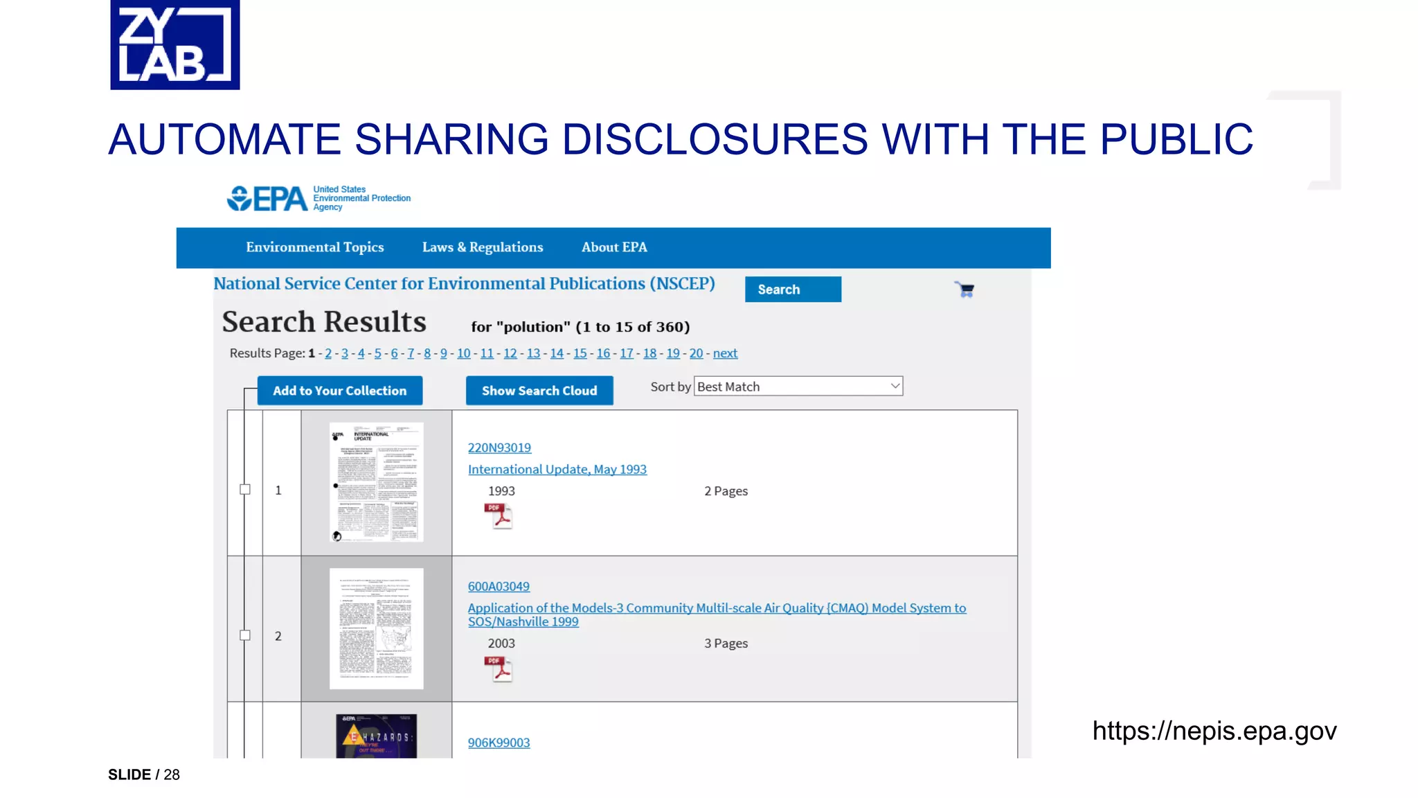 AUTOMATE SHARING DISCLOSURES WITH THE PUBLIC
SLIDE / 28
https://nepis.epa.gov
 