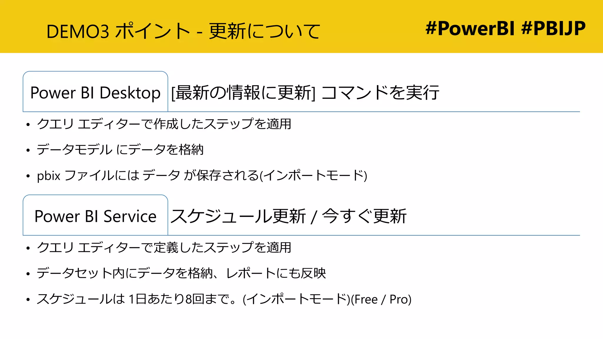 #PowerBI #PBIJPDEMO3 ポイント - 更新について
[最新の情報に更新] コマンドを実行Power BI Desktop
• クエリ エディターで作成したステップを適用
• データモデル にデータを格納
• pbix ファイルには データ が保存される(インポートモード)
スケジュール更新 / 今すぐ更新Power BI Service
• クエリ エディターで定義したステップを適用
• データセット内にデータを格納、レポートにも反映
• スケジュールは 1日あたり8回まで。(インポートモード)(Free / Pro)
 