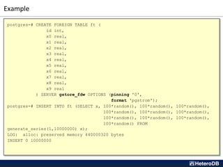 Example
postgres=# CREATE FOREIGN TABLE ft (
id int,
x0 real,
x1 real,
x2 real,
x3 real,
x4 real,
x5 real,
x6 real,
x7 real,
x8 real,
x9 real
) SERVER gstore_fdw OPTIONS (pinning '0',
format 'pgstrom');
postgres=# INSERT INTO ft (SELECT x, 100*random(), 100*random(), 100*random(),
100*random(), 100*random(), 100*random(),
100*random(), 100*random(), 100*random(),
100*random() FROM
generate_series(1,10000000) x);
LOG: alloc: preserved memory 440000320 bytes
INSERT 0 10000000
 