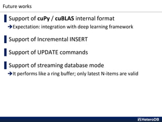Future works
▌Support of cuPy / cuBLAS internal format
Expectation: integration with deep learning framework
▌Support of Incremental INSERT
▌Support of UPDATE commands
▌Support of streaming database mode
It performs like a ring buffer; only latest N-items are valid
 