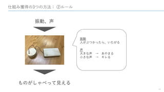 仕組み獲得の3つの方法： ②ルール
10
振動、声
ものがしゃべって見える
振動
人がぶつかったら、いたがる
声
大きな声 → あやまる
小さな声 → キレる
 