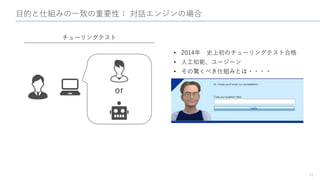目的と仕組みの一致の重要性： 対話エンジンの場合
12
チューリングテスト
or
• 2014年 史上初のチューリングテスト合格
• 人工知能、ユージーン
• その驚くべき仕組みとは・・・・
 