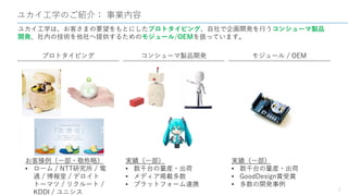 ユカイ工学のご紹介： 事業内容
2
ユカイ工学は、お客さまの要望をもとにしたプロトタイピング、自社で企画開発を行うコンシューマ製品
開発、社内の技術を他社へ提供するためのモジュール/OEMを扱っています。
プロトタイピング コンシューマ製品開発 モジュール / OEM
お客様例（一部・敬称略）
• ローム / NTT研究所 / 電
通 / 博報堂 / デロイト
トーマツ / リクルート /
KDDI / ユニシス
実績（一部）
• 数千台の量産・出荷
• メディア掲載多数
• プラットフォーム連携
実績（一部）
• 数千台の量産・出荷
• GoodDesign賞受賞
• 多数の開発事例
 