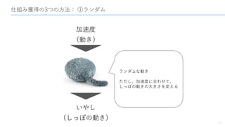 仕組み獲得の3つの方法： ①ランダム
7
加速度
（動き）
いやし
（しっぽの動き）
ランダムな動き
ただし、加速度に合わせて、
しっぽの動きの大きさを変える
 