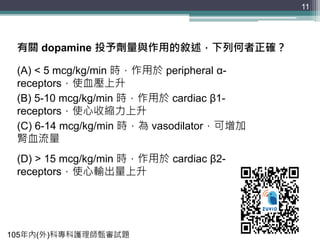 11
有關 dopamine 投予劑量與作用的敘述，下列何者正確？
(A) < 5 mcg/kg/min 時，作用於 peripheral α-
receptors，使血壓上升
(B) 5-10 mcg/kg/min 時，作用於 cardiac β1-
receptors，使心收縮力上升
(C) 6-14 mcg/kg/min 時，為 vasodilator，可增加
腎血流量
(D) > 15 mcg/kg/min 時，作用於 cardiac β2-
receptors，使心輸出量上升
105年內(外)科專科護理師甄審試題
 