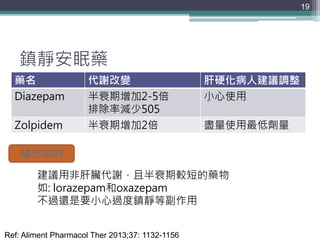 鎮靜安眠藥
藥名 代謝改變 肝硬化病人建議調整
Diazepam 半衰期增加2-5倍
排除率減少505
小心使用
Zolpidem 半衰期增加2倍 盡量使用最低劑量
19
Ref: Aliment Pharmacol Ther 2013;37: 1132-1156
建議用非肝臟代謝，且半衰期較短的藥物
如: lorazepam和oxazepam
不過還是要小心過度鎮靜等副作用
補充說明
 