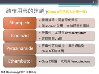 結核用藥的建議 (Class A和正常人治療一樣)
• 膽道排除，可能惡化黃疸
• 與isoniazid並用，增加肝毒性風險
Rifampicin
• 肝毒性，尤其在slow acetylators
• 定期監測2-4周
Isoniazid
• 肝毒性可能增加，須密切監測，
Class B不建議用
Pyrazinamide
• Class C可選，或可用fluroquinoloneEthambutol
21
Ref: Respirology2007;12:401–5
 
