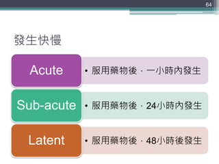 發生快慢
• 服用藥物後，一小時內發生Acute
• 服用藥物後，24小時內發生Sub-acute
• 服用藥物後，48小時後發生Latent
64
 