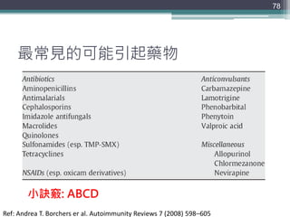 最常見的可能引起藥物
78
Ref: Andrea T. Borchers er al. Autoimmunity Reviews 7 (2008) 598–605
小訣竅: ABCD
 