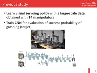 Confidential
センスタイムジャパンPrevious	study
3
? Learn	visual	servoing	policy with	a	large-scale	data
obtained	with	14	manipulators
? Train	CNN for	evaluation	of	success	probability	of	
grasping	(target)