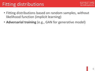 Confidential
センスタイムジャパン
? Fitting	distributions	based	on	random	samples,	without	
likelihood	function	(implicit	learning)
? Adversarial	training (e.g.,	GAN	for	generative	model)
6
Fitting	distributions