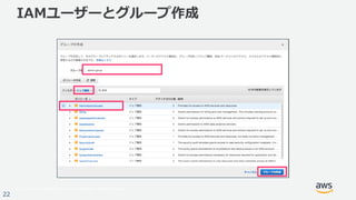 © 2017, Amazon Web Services, Inc. or its Affiliates. All rights reserved.
22
IAMユーザーとグループ作成
 