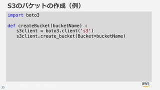 © 2017, Amazon Web Services, Inc. or its Affiliates. All rights reserved.
35
S3のバケットの作成（例）
import boto3
def createBucket(bucketName) :
s3client = boto3.client('s3')
s3client.create_bucket(Bucket=bucketName)
 