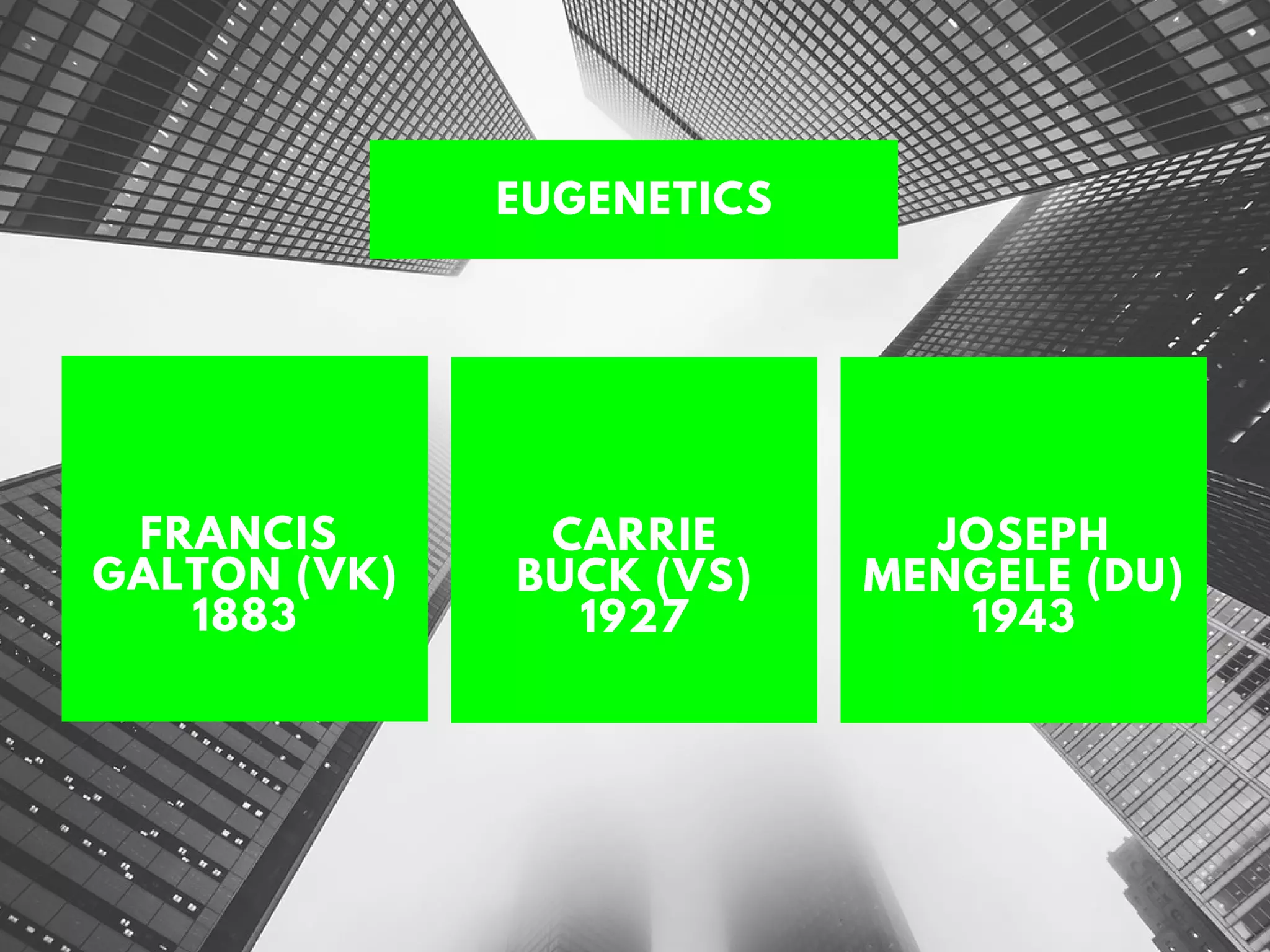 FRANCIS
GALTON (VK)
1883
CARRIE
BUCK (VS)
1927
EUGENETICS
JOSEPH
MENGELE (DU)
1943