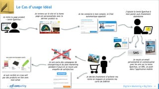 © 31
Le Cas d’usage idéal
Je visite la page produit
« tente Quechua »
Je reviens sur le site et la home
page est personnalisée avec le
dernier produit vu
Je me connecte à mon compte, le Chat
automatique apparait
J’ajoute la tente Quechua à
mon panier puis finalement
abandonne
SMS
PUSH
APP
Je reçois un email
personnalisé et contextualisé
avec les avis sur la tente
Quechua, un SMS, un push
dans l’application mobile
Je décide finalement d’acheter ma
tente en magasin et présente ma
carte de fidélité
SMS
PUSH
APP
Je suis exclu des campagnes de
retargetting et du plan marketing
pendant X jours et je reçois une
enquête de satisfaction
Je suis reciblé en cross-sell
par des produits en lien avec
mon achat
 