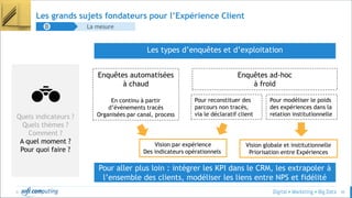 © 45
Les grands sujets fondateurs pour l’Expérience Client
La mesureD
Les types d’enquêtes et d’exploitation
Quels indicateurs ?
Quels thèmes ?
Comment ?
A quel moment ?
Pour quoi faire ?
Enquêtes automatisées
à chaud
En continu à partir
d’événements tracés
Organisées par canal, process
Enquêtes ad-hoc
à froid
Vision par expérience
Des indicateurs opérationnels
Pour reconstituer des
parcours non tracés,
via le déclaratif client
Pour modéliser le poids
des expériences dans la
relation institutionnelle
Vision globale et institutionnelle
Priorisation entre Expériences
Pour aller plus loin : intégrer les KPI dans le CRM, les extrapoler à
l’ensemble des clients, modéliser les liens entre NPS et fidélité
 