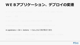 ＷＥＢアプリケーション、デプロイの変遷
• ファイルアップロード（プッシュ） → インタープリター⾔語の「罪と罰」
• rsync → 論外
• Git + git hook → git archive が終わる前に git hook 起動
• capistrano + Git → なんとなくデプロイメントを意識しだした
• capistrano + Git + Jenkins → なんとなく形が⾒えてきた
• AWS CodeDeploy → 未知との遭遇。属⼈化の排除。耐障害性。⼀元管理。
• AWS Code Serise → coming soon……
 