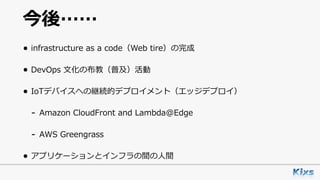 今後……
• infrastructure as a code（Web tire）の完成
• DevOps ⽂化の布教（普及）活動
• IoTデバイスへの継続的デプロイメント（エッジデプロイ）
- Amazon CloudFront and Lambda@Edge
- AWS Greengrass
• アプリケーションとインフラの間の⼈間
 
